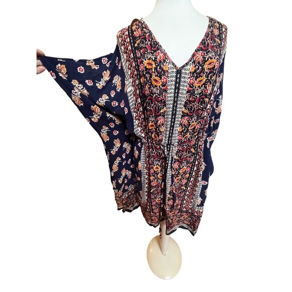 Angie Boho V Neck Peasant Floral Print Kimono Dress 2X Cover Up Navy Multicolor - Picture 2 of 7